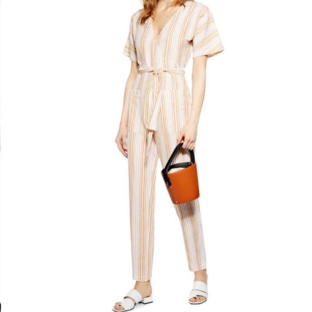 Topshop Stripe Cotton and Linen blend jumpsuit yellow with pockets and waist tie